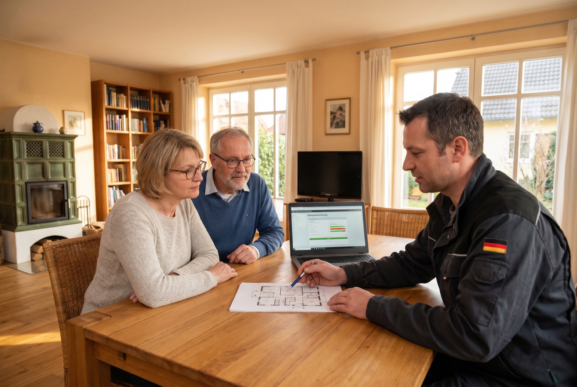 Persch-Techniker bei der Heizlastberechnung mit Grundriss und Laptop